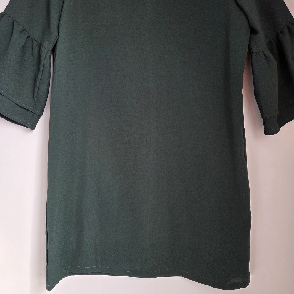 Belongsci Dark Green Loose Fit Shift Mini Dress 3/4 Tiered Bell Sleeve Size M - Picture 7 of 10